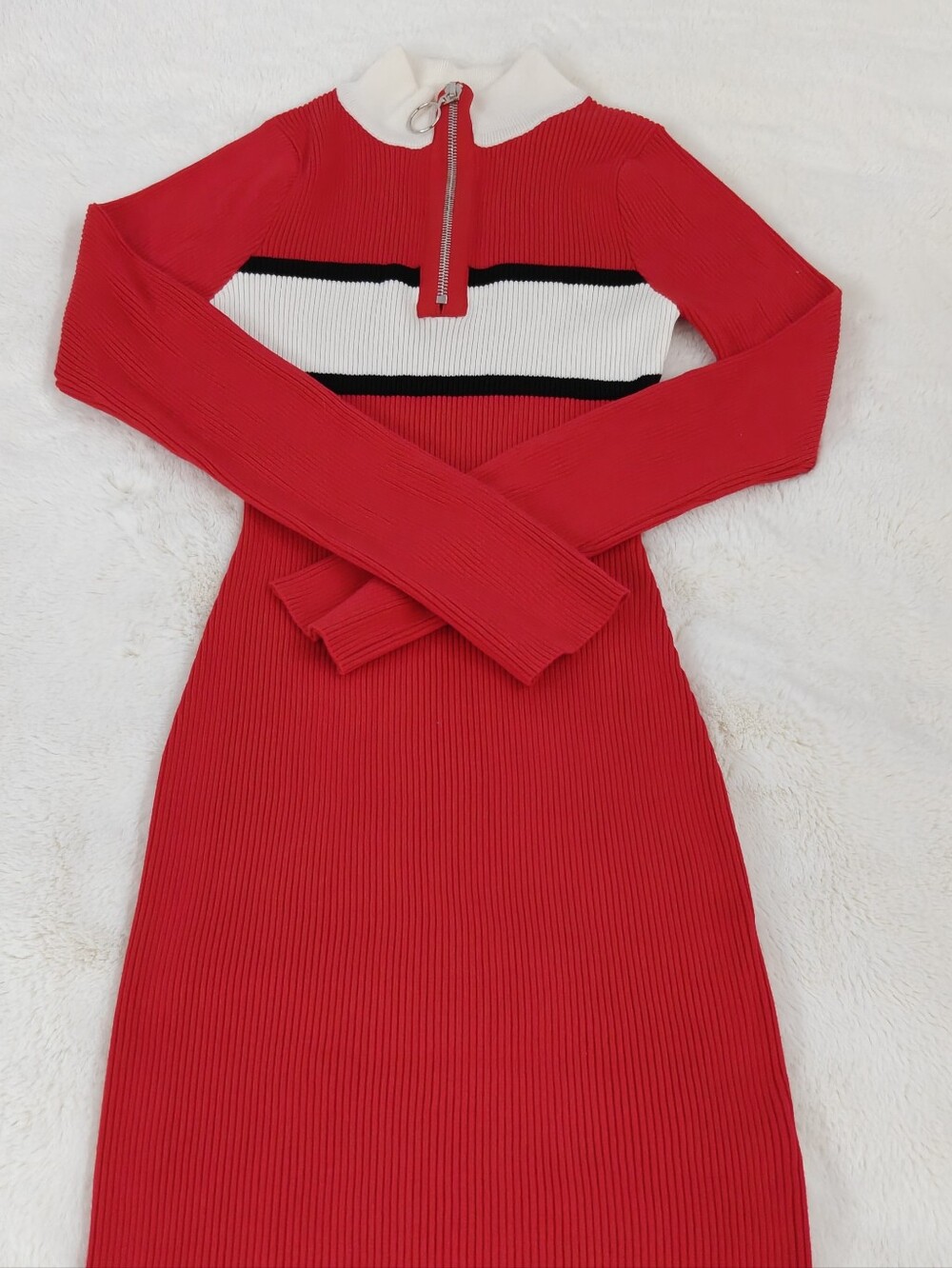 Say What Ribbed Long-Sleeve Dress with White and Black Stripes L Red